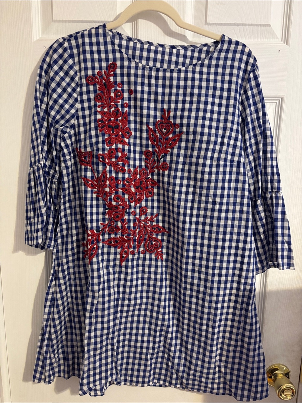 Blue Gingham Casual Top with Red Floral Embroidery